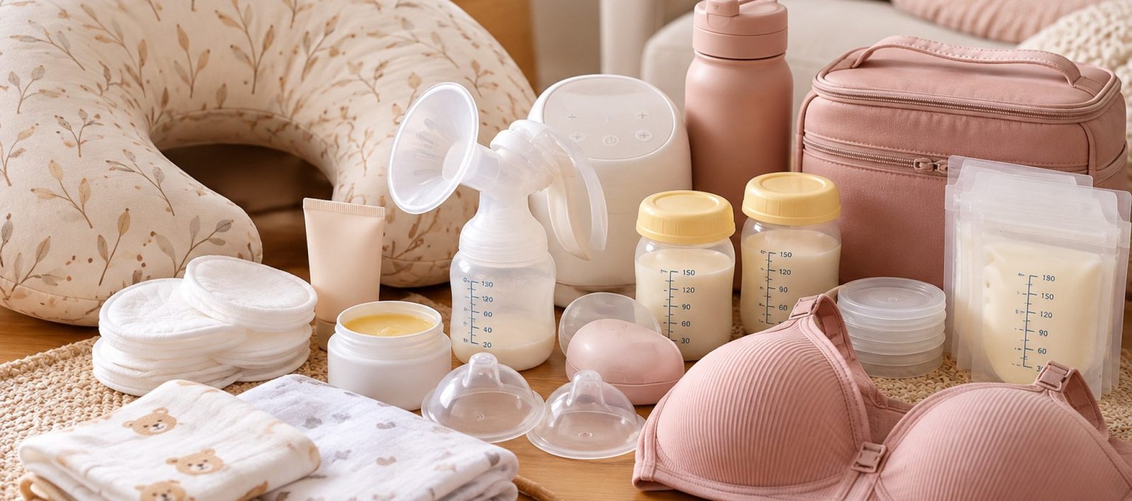 Produtos para amamentar, incluindo almofada de amamentação, bomba tira-leite, frascos para leite materno e sutiã de amamentação.